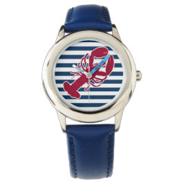 Nautical Red Lobster Monogram Blue White Stripe St Horloge