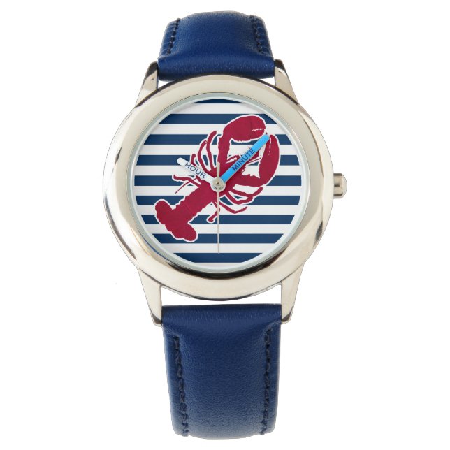 Nautical Red Lobster Monogram Blue White Stripe St Horloge (Voorkant)