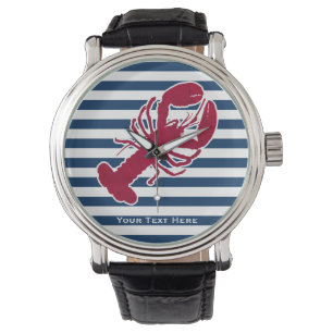 Nautical Red Lobster Monogram Blue White Stripe St Horloge