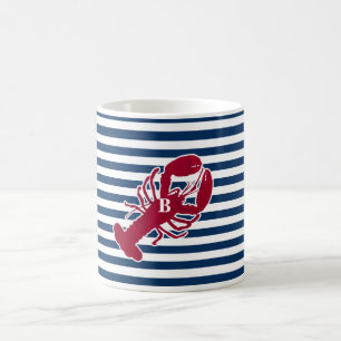 Nautical Red Lobster Monogram Blue White Stripe St Koffiemok