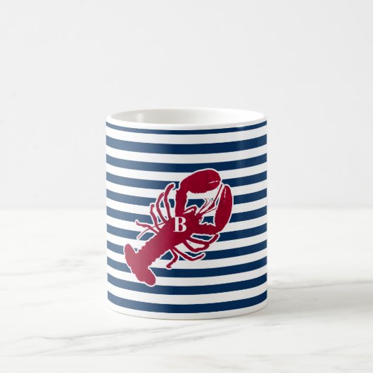 Nautical Red Lobster Monogram Blue White Stripe St Koffiemok (Center)