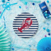 Nautical Red Lobster Monogram Blue White Stripe St Papieren Bordje (Feest)