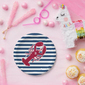 Nautical Red Lobster Monogram Blue White Stripe St Papieren Bordje (Feest)