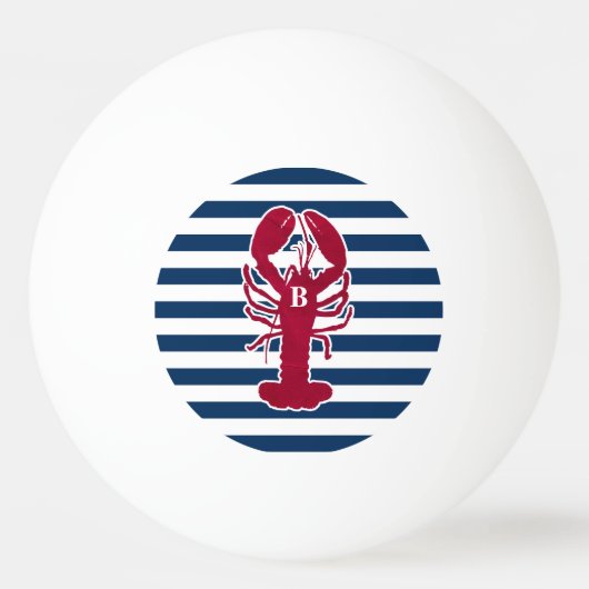 Nautical Red Lobster Monogram Blue White Stripe St Pingpongbal (Voorkant)