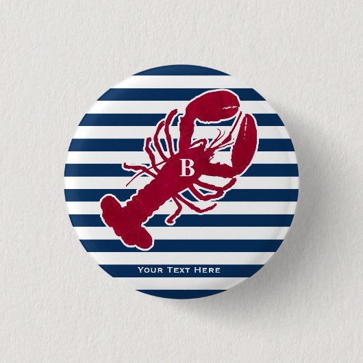 Nautical Red Lobster Monogram Blue White Stripe St Ronde Button 3,2 Cm (Voorkant)