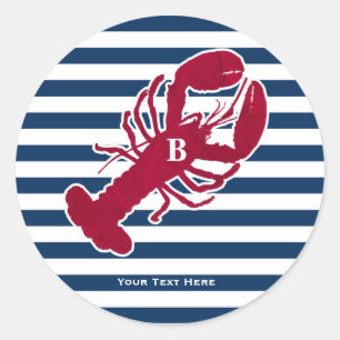 Nautical Red Lobster Monogram Blue White Stripe St Ronde Sticker