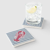 Nautical Red Lobster Monogram Blue White Stripe St Stenen Onderzetter (Zijkant)