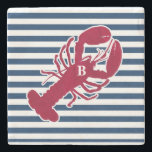 Nautical Red Lobster Monogram Blue White Stripe St Stenen Onderzetter<br><div class="desc">Een Rode Lobster met uw monogram of tekst op een blauw van de marine en witte gestreepte achtergrond. Een perfect ontwerp voor een strand of zomerhuis aan de oceaan, een kreeft aan de wal, een reünie of gewoon een alledaags leven. Klik op de Colorfulgalshop logo hieronder voor meer leuke nautische...</div>
