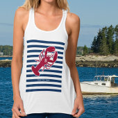 Nautical Red Lobster Monogram Blue White Stripe St Tanktop