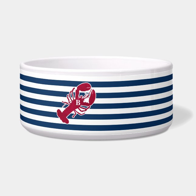 Nautical Red Lobster Monogram Stripe Dog Voerbakje (Voorkant)