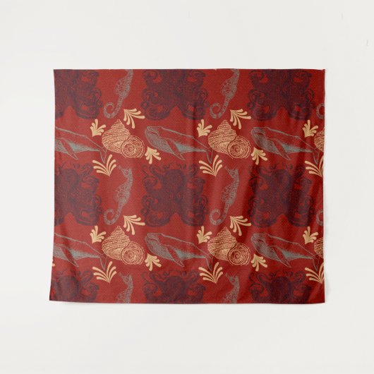 Nautical Red Octopus Zee Monster Illustratie Wandkleed (Voorkant (horizontaal))