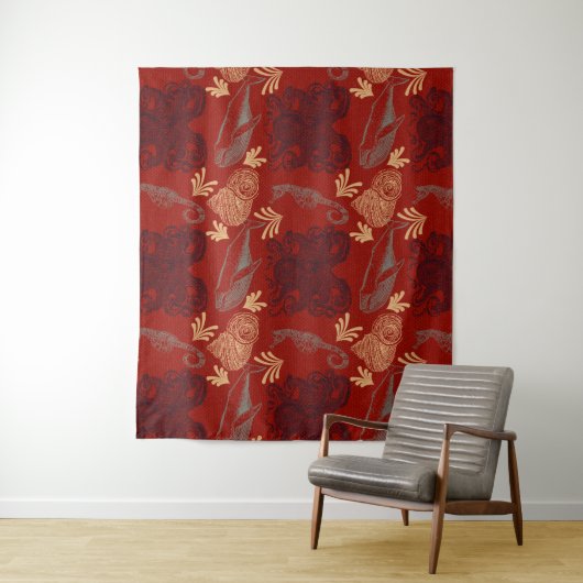 Nautical Red Octopus Zee Monster Illustratie Wandkleed (In situ)