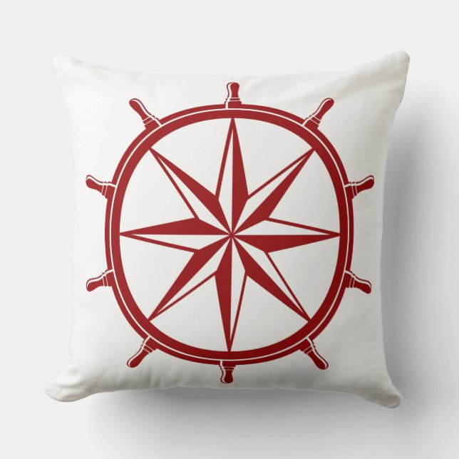 Nautical Red Ship Wheel on White Kussen (Voorkant)