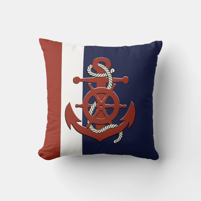 Nautical Red Ships's wheels/anchor navy blue worpe Kussen (Voorkant)