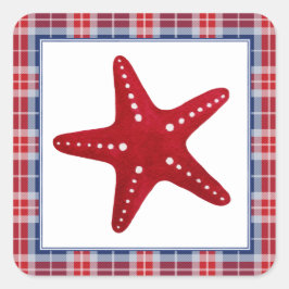 Nautical Red Starfish Blue & Red Tartan Pset Vierkante Sticker