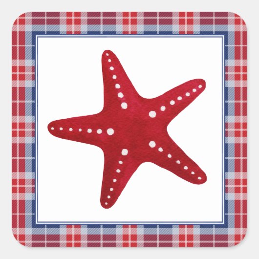 Nautical Red Starfish Blue & Red Tartan Pset Vierkante Sticker (Voorkant)