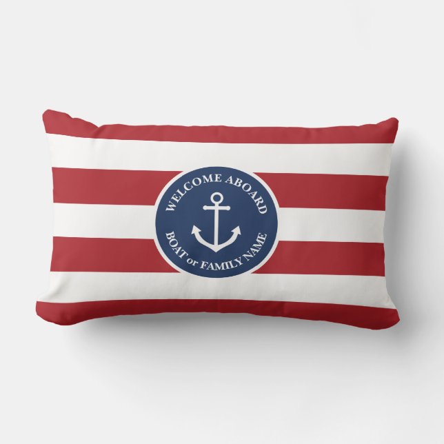 Nautical red striped welcome aboard pillow kussen (Voorkant)