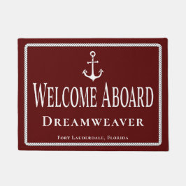 Nautical Red Welcome Aboard Name Anchor Deurmat