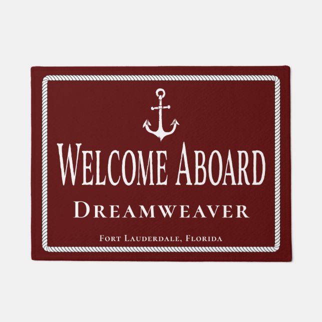 Nautical Red Welcome Aboard Name Anchor Deurmat (Voorkant)