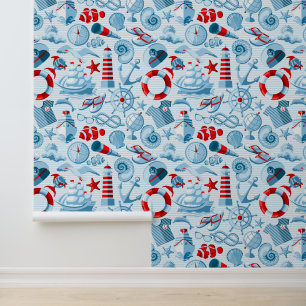 Nautical Red White And Blue Pattern Behang