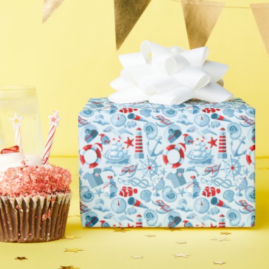 Nautical Red White And Blue Pattern Cadeaupapier (Verjaardagsfeest)