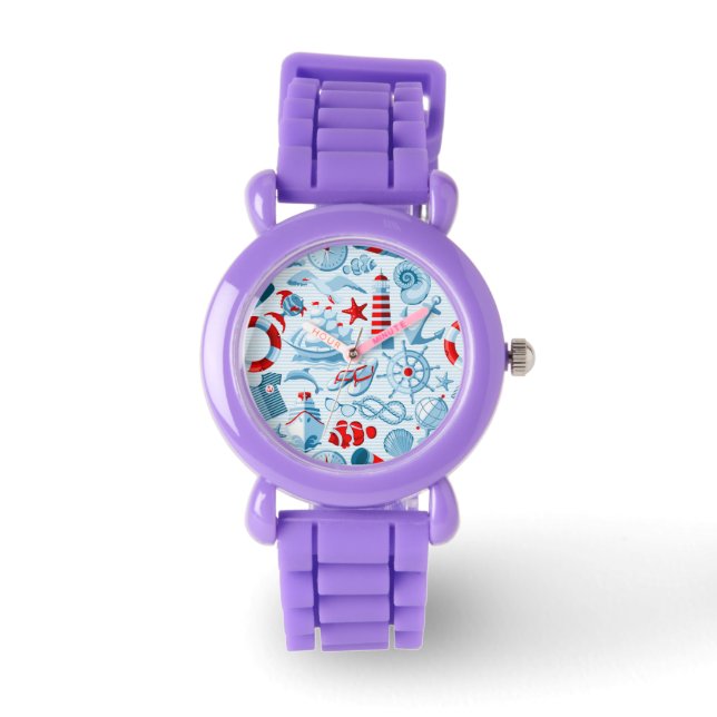 Nautical Red White And Blue Pattern Horloge (Voorkant)
