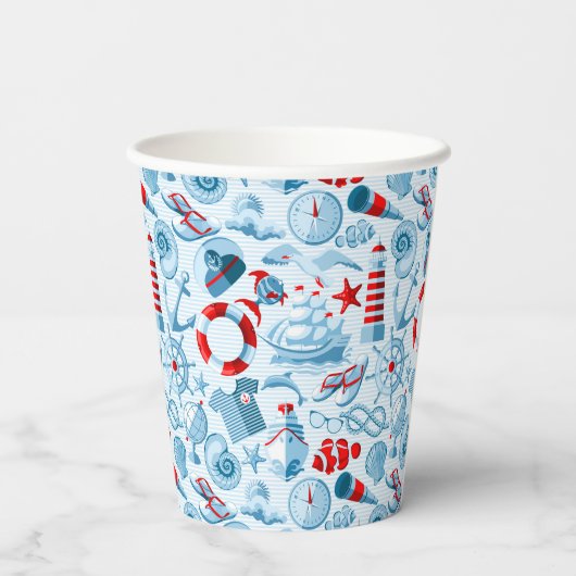 Nautical Red White And Blue Pattern Papieren Bekers (Achterkant)