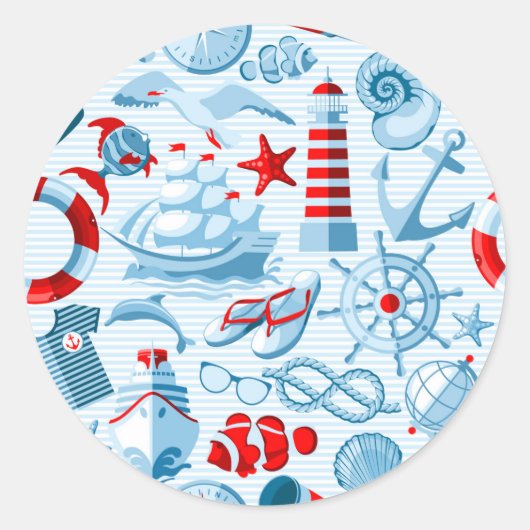 Nautical Red White And Blue Pattern Ronde Sticker (Voorkant)