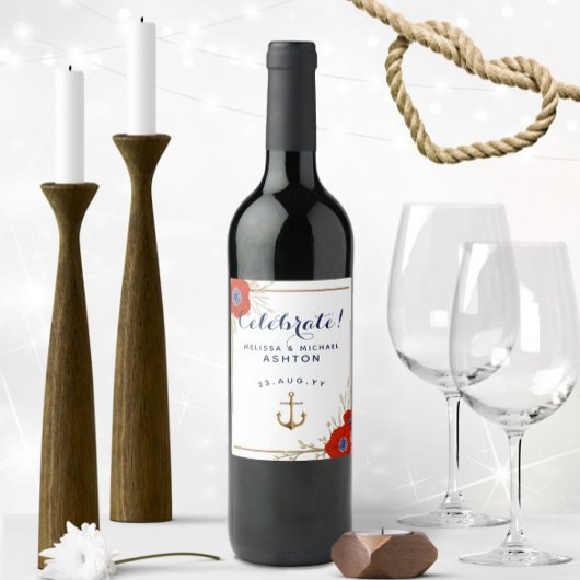 Nautical Red, White, & Blue Anemones Dated Wedding Wijn Etiket