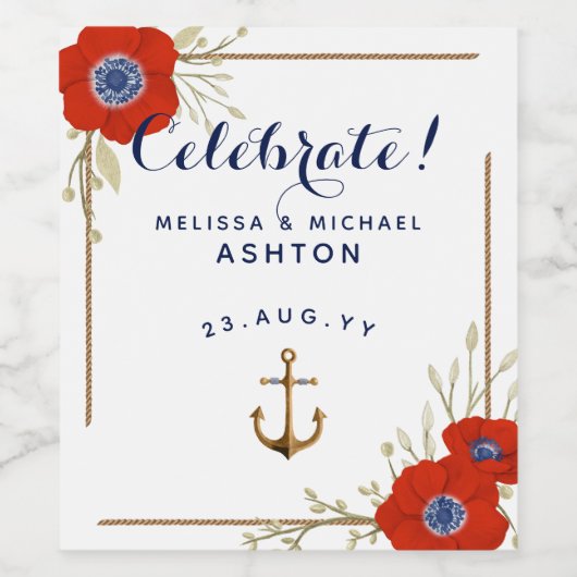Nautical Red, White, & Blue Anemones Dated Wedding Wijn Etiket (Enkel label)