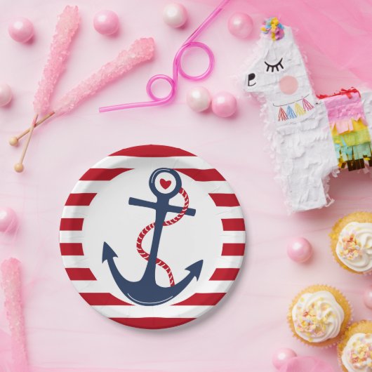 Nautical Red White Blue Anker Ocean Event Papieren Bordje (Feest)
