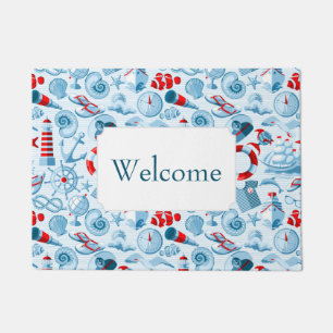 Nautical Red White & Blue Pattern Jouw tekst toe Deurmat