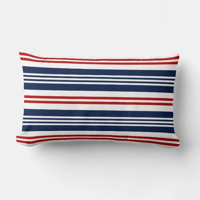 Nautical Red, White, Blue Striped Lumbar Pillow Kussen (Voorkant)