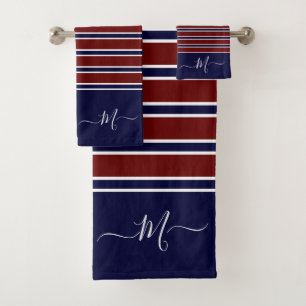 Nautical Red White Blue Striped Monogram Name Bad Handdoek