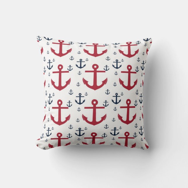 Nautical Red White en Blue Pillow met ankers Kussen (Voorkant)
