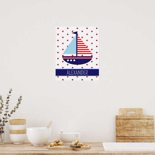Nautical Red White en Blue Sailboat, op maat gemaa Poster (Keuken)