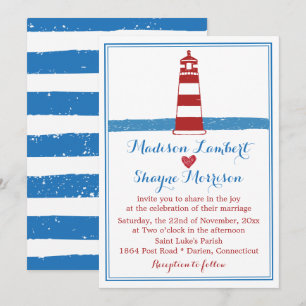 Nautical Red White Lighthouse Blue Stripes Wedding Kaart