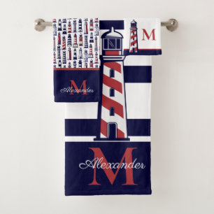 Nautical Red White Navy Blue Stripe Lighthouse Bad Handdoek
