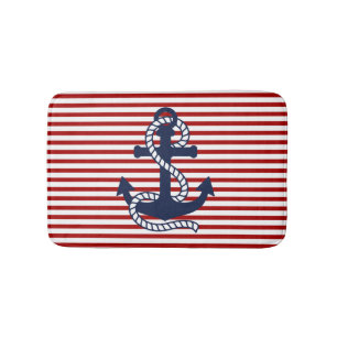 Nautical Red White Stripes en Blue Anchor Badmat