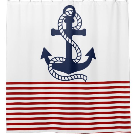 Nautical Red White Stripes en Blue Anchor Douchegordijn (Voorkant)