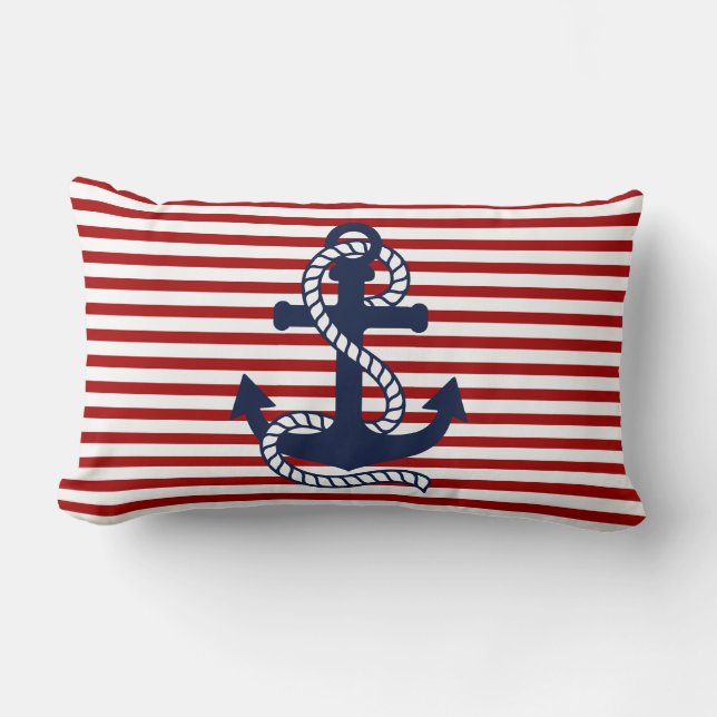 Nautical Red White Stripes en Blue Anchor Kussen (Voorkant)