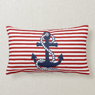 Nautical Red White Stripes en Blue Anchor Kussen