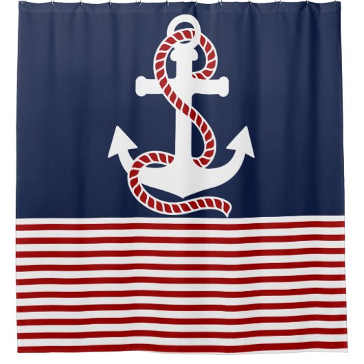 Nautical Red White Stripes en Red Anchor Douchegordijn (Voorkant)