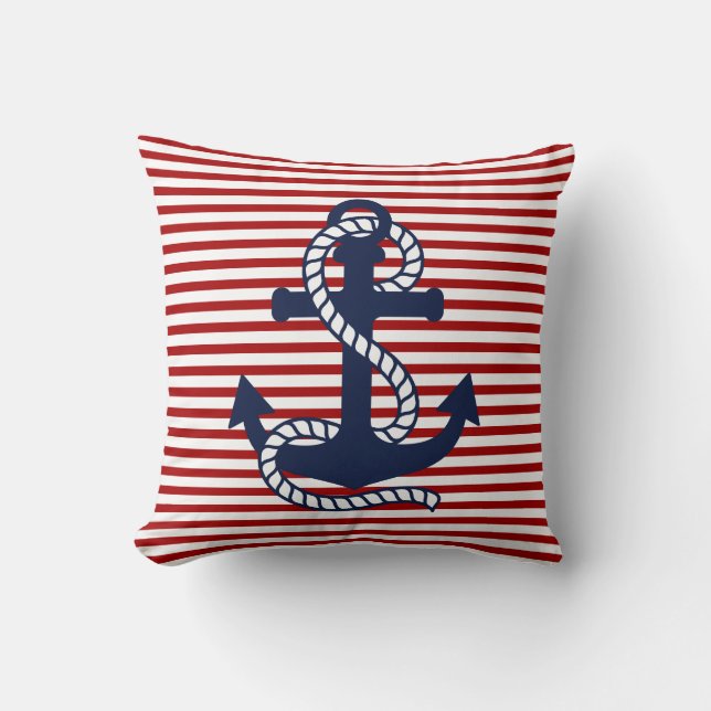 Nautical Red White Stripes en Red Anchor Kussen (Voorkant)