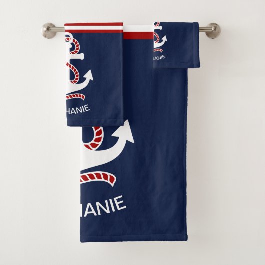 Nautical Red White Stripes en White Anchor Bad Handdoek (Insitu)