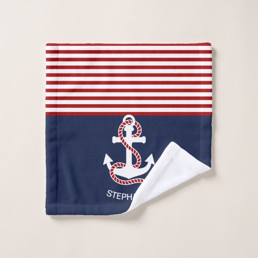 Nautical Red White Stripes en White Anchor Bad Handdoek (Wasdoekje)