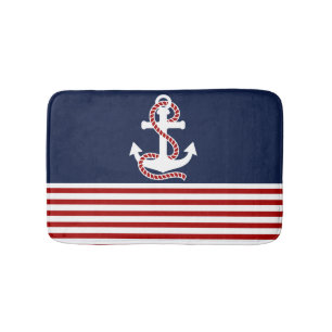 Nautical Red White Stripes en White Anchor Badmat