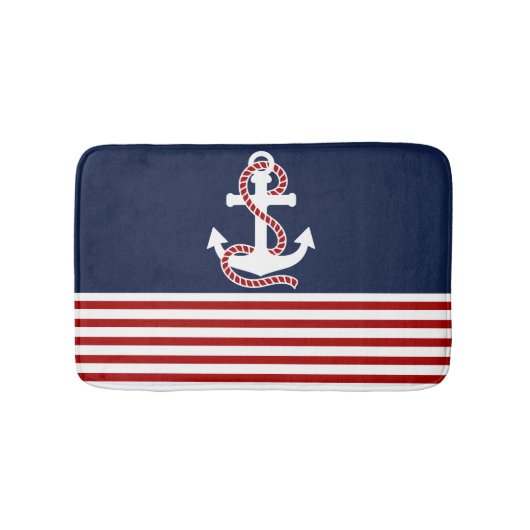 Nautical Red White Stripes en White Anchor Badmat (Voorkant)