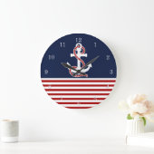 Nautical Red White Stripes en White Anchor Grote Klok (Huis)