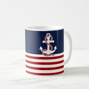 Nautical Red White Stripes en White Anchor Koffiemok
